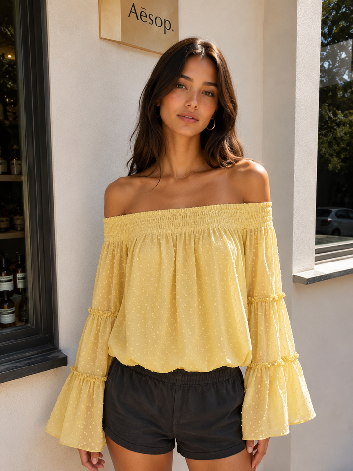 Smocked Sheer Off The Shoulder Bell Sleeved Swiss Dot Top - More Colors