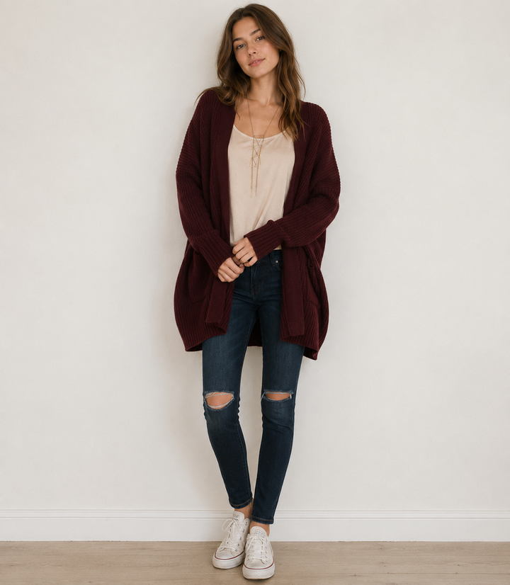 Southern Comfort Open Knit Cardigan in Burgundy