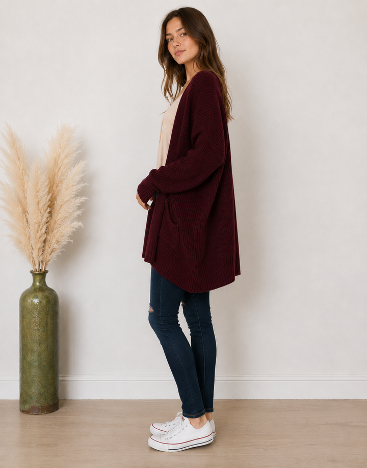 Southern Comfort Open Knit Cardigan in Burgundy