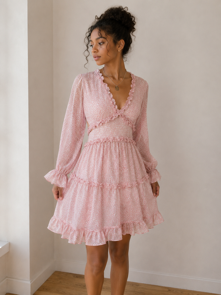 Strawberries & Cream Ruffle Dress in Pink Leopard