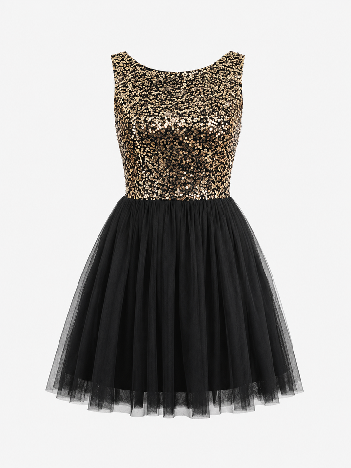 Sugar Plum Dazzling Sequin Darling Party Dress in Gold and Black