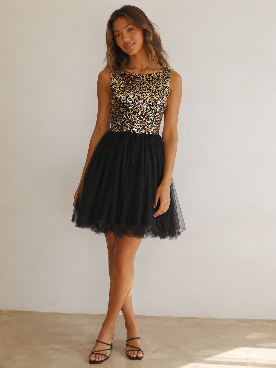 Sugar Plum Dazzling Sequin Darling Party Dress in Gold and Black