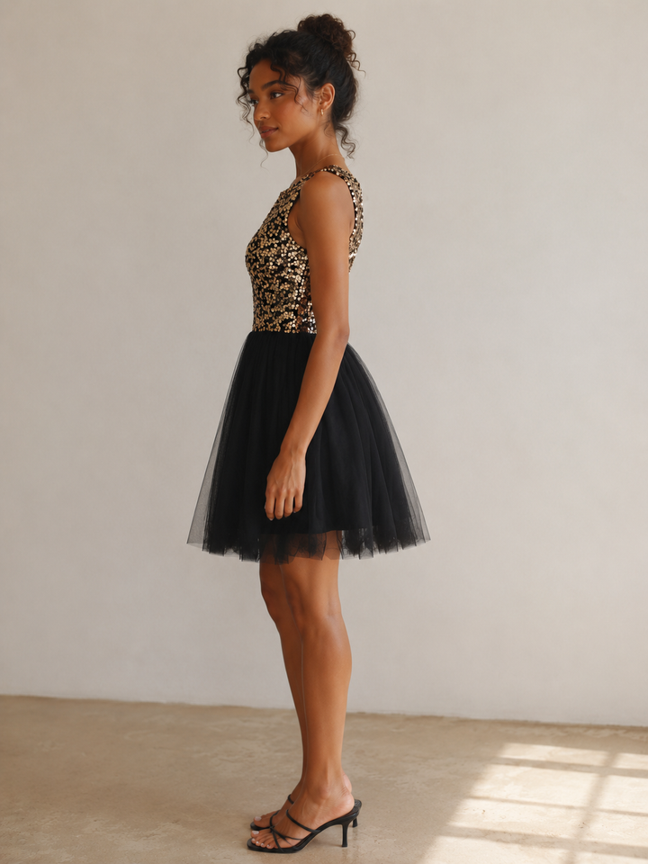 Sugar Plum Dazzling Sequin Darling Party Dress in Gold and Black