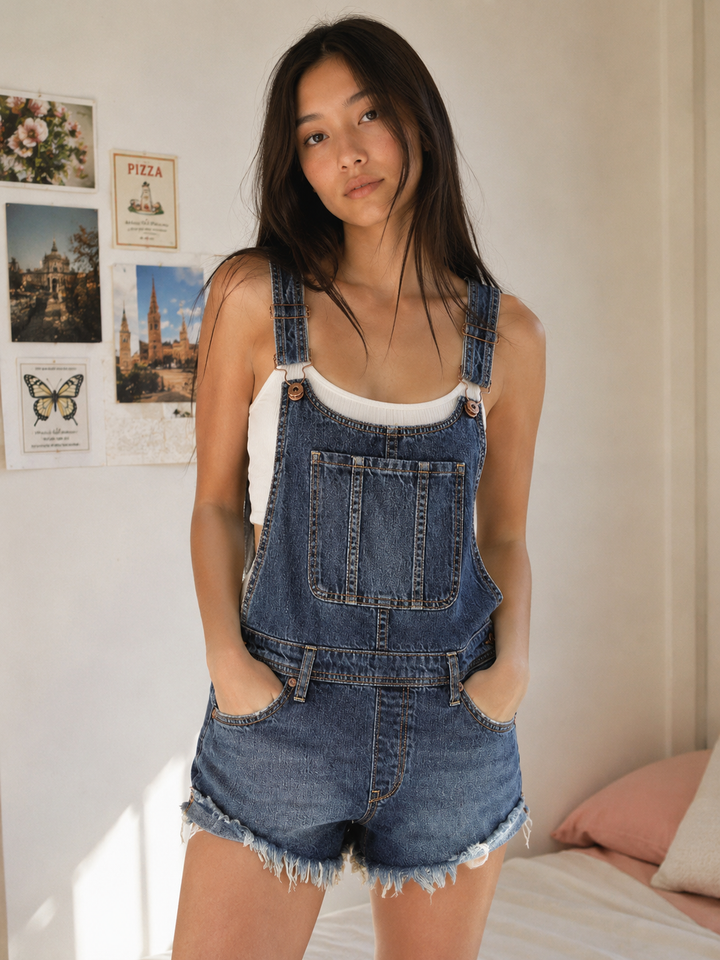Medium wash distressed denim short overalls with adjustable shoulder straps, front bib pocket, and frayed hem styled over a white ribbed tank.