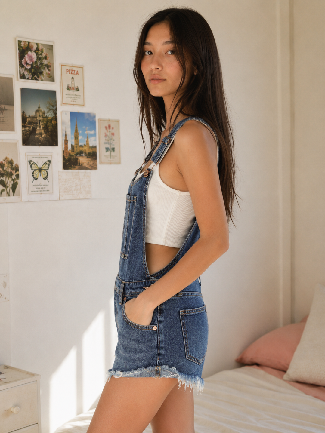 Free People - Summer Babe High Low Distressed Denim Short Overalls in Medium Wash Blue