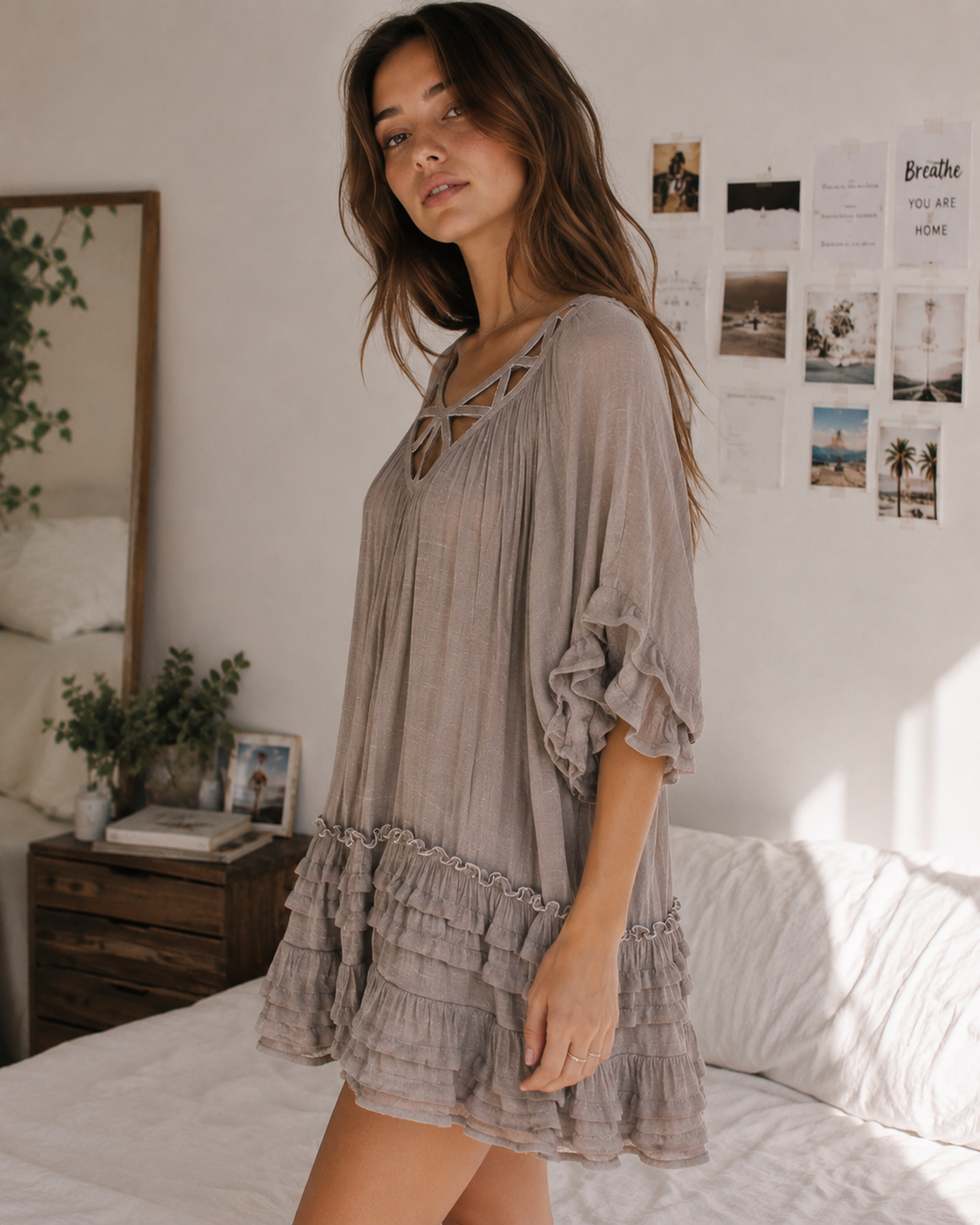 Summertime Sadness Ruffle Mini Dress in Taupe