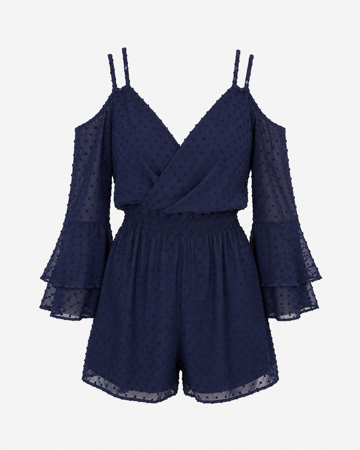 Sway With Me Textured Polka Dot Bell Sleeve Romper - More Colors