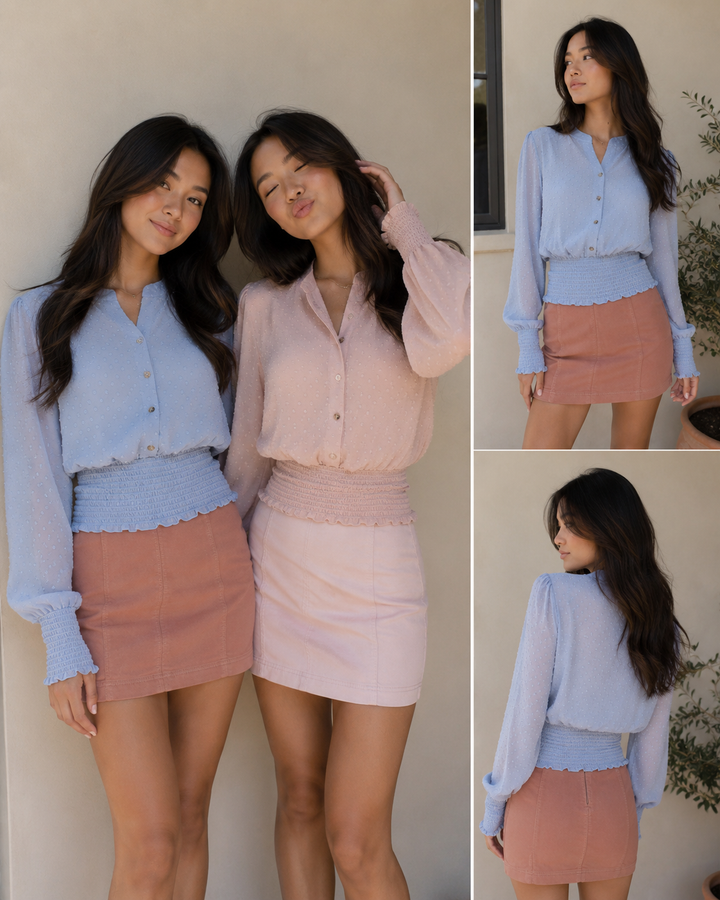 Swiss Dot Button Down Sheer Sleeve Blouse with Smocked Waist in Misty Blue