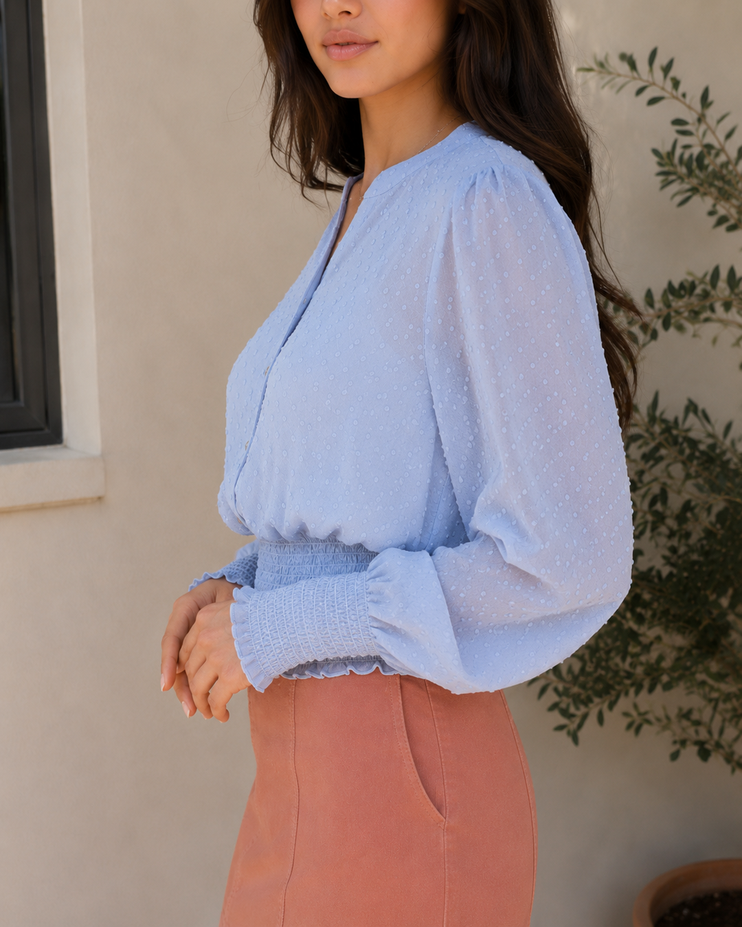 Swiss Dot Button Down Sheer Sleeve Blouse with Smocked Waist in Misty Blue