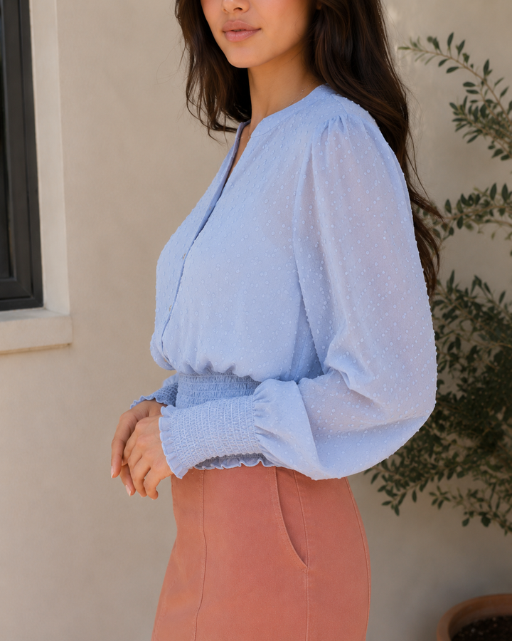 Swiss Dot Button Down Sheer Sleeve Blouse with Smocked Waist in Misty Blue