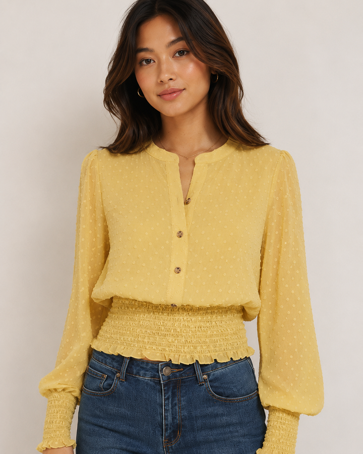 Swiss Dot Button Down Sheer Sleeve Blouse with Smocked Waist in Yellow Lime