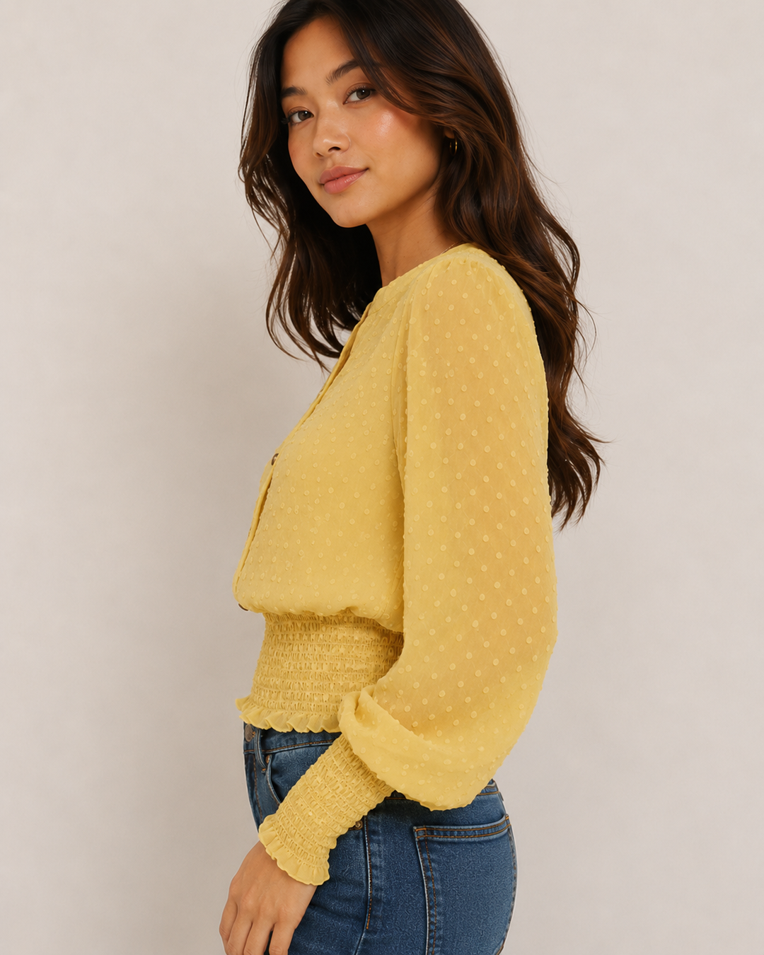 Swiss Dot Button Down Sheer Sleeve Blouse with Smocked Waist in Yellow Lime