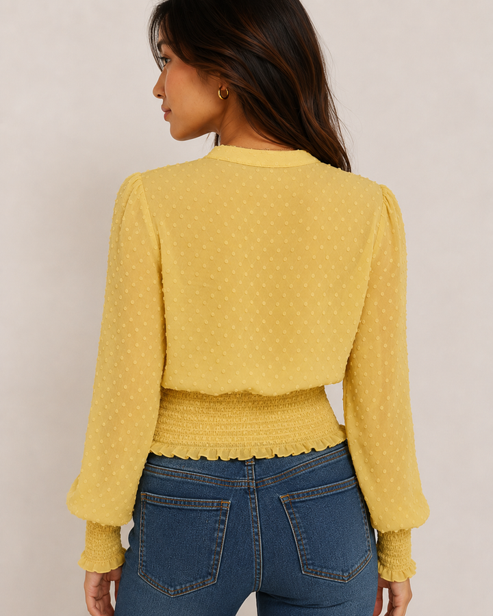 Swiss Dot Button Down Sheer Sleeve Blouse with Smocked Waist in Yellow Lime