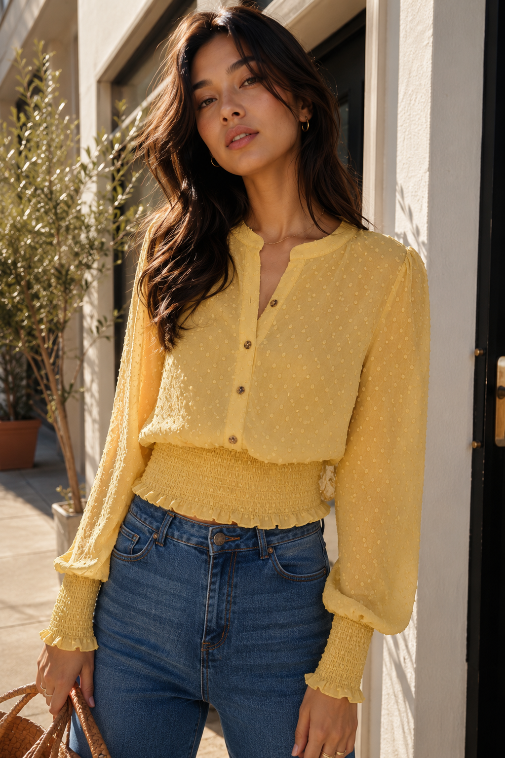 Swiss Dot Button Down Sheer Sleeve Blouse with Smocked Waist in Yellow Lime