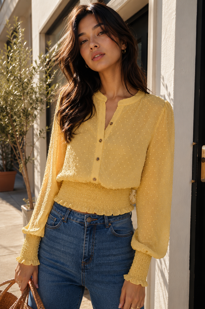 Swiss Dot Button Down Sheer Sleeve Blouse with Smocked Waist in Yellow Lime