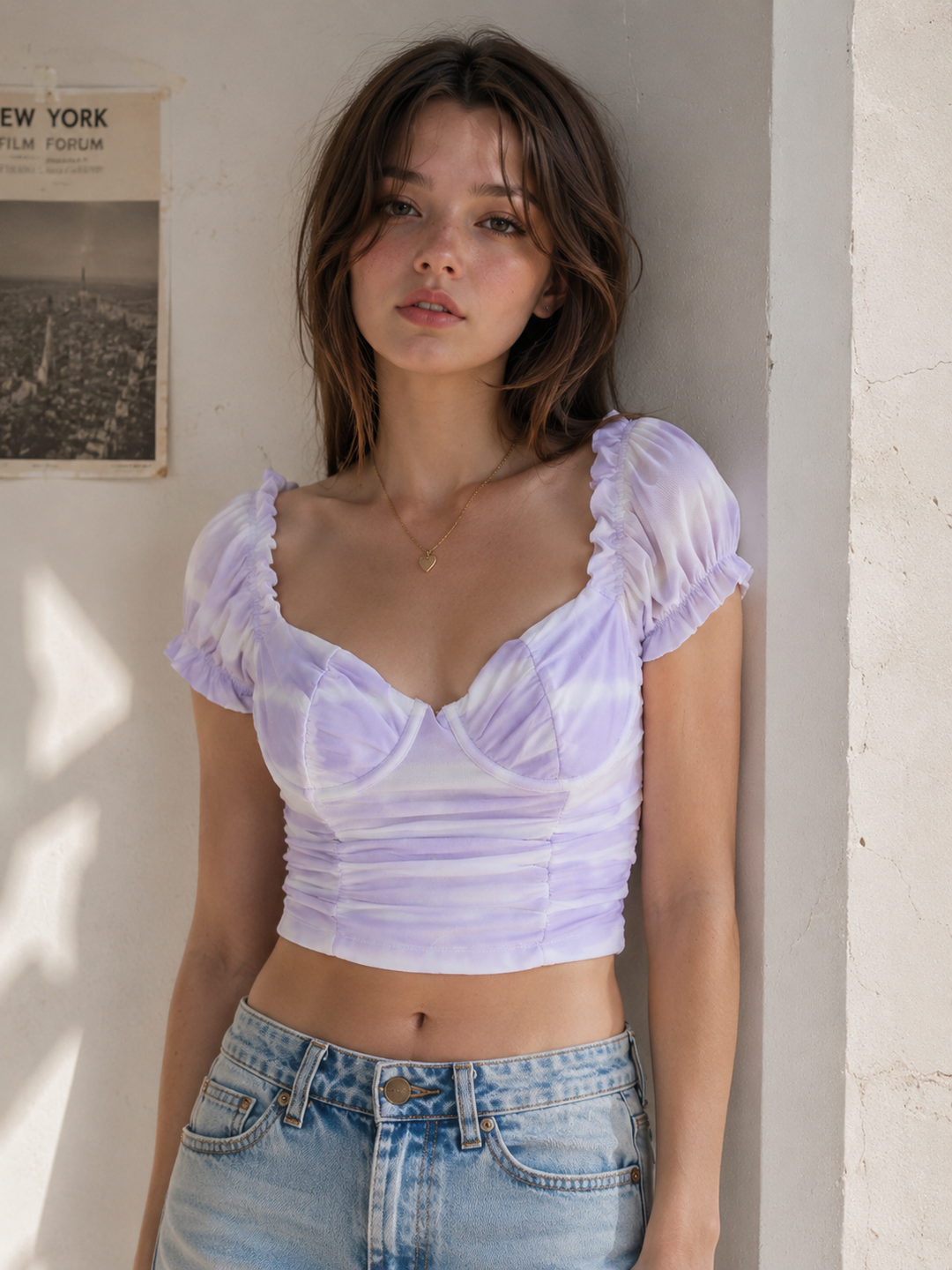 Model wearing a lavender tie dye ruched mesh puff sleeve crop top with sweetheart neckline and structured cups.
