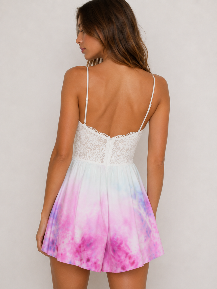 Tie Dye Watercolor Crochet Open Back Romper