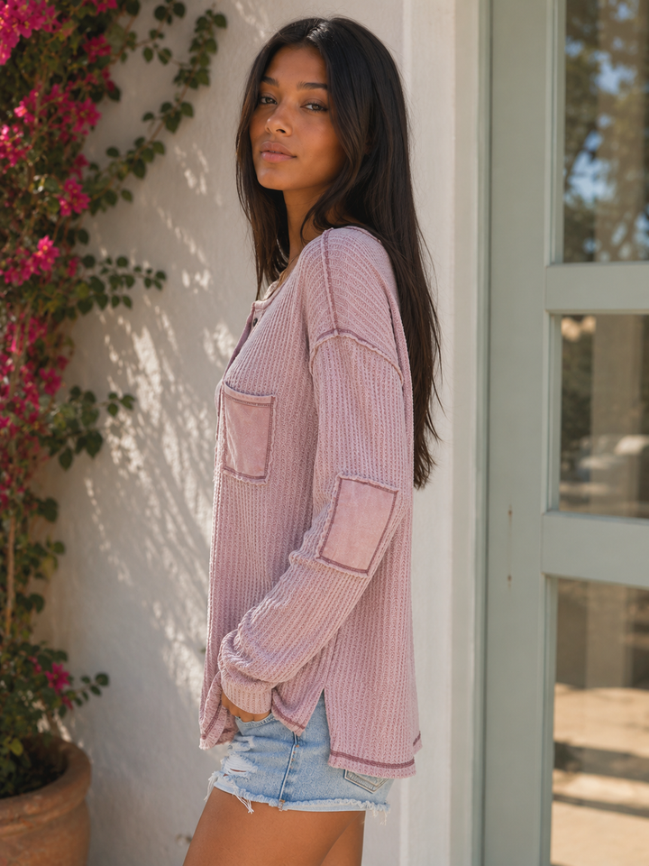 Vintage Waffle Knit Henley Tunic – Dusty Mauve