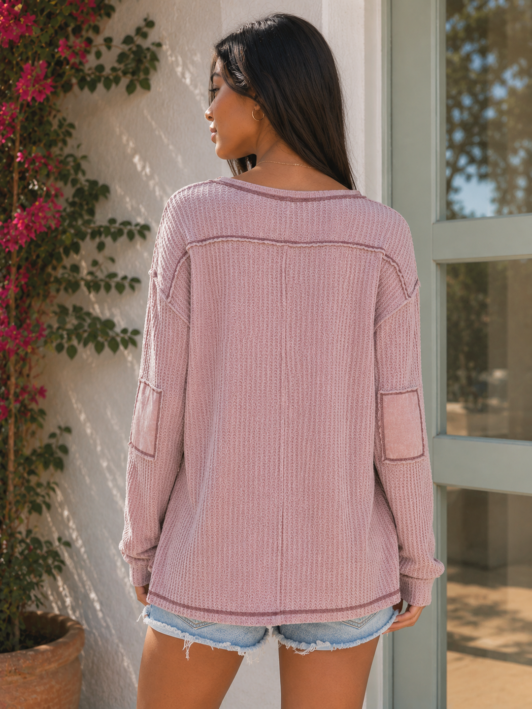 Vintage Waffle Knit Henley Tunic – Dusty Mauve