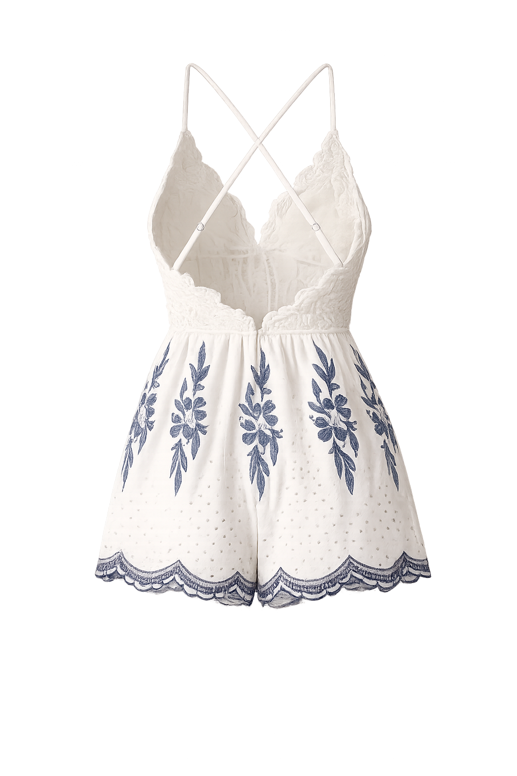 White + Navy Crochet Lace Embroidered Open Back Romper