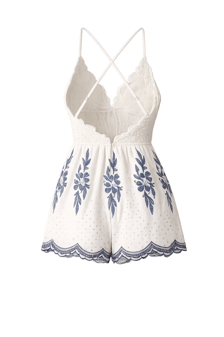 White + Navy Crochet Lace Embroidered Open Back Romper