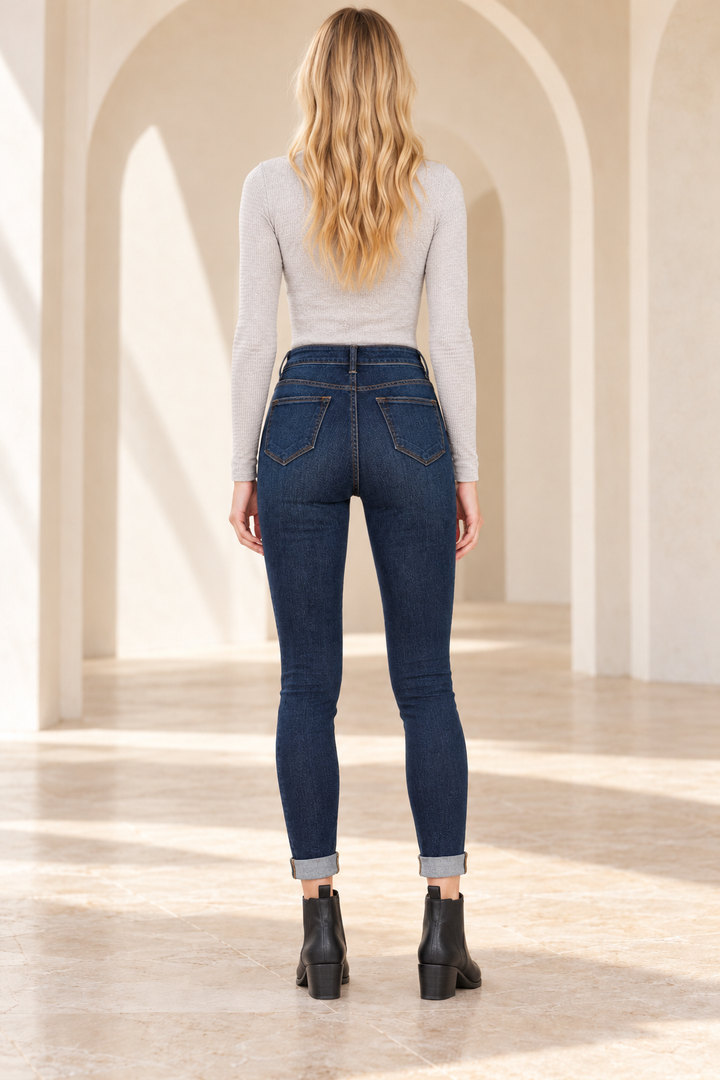 Back view of Aliyah - High Rise Dark Super Skinny, styled with the catalog grey top and matching footwear.