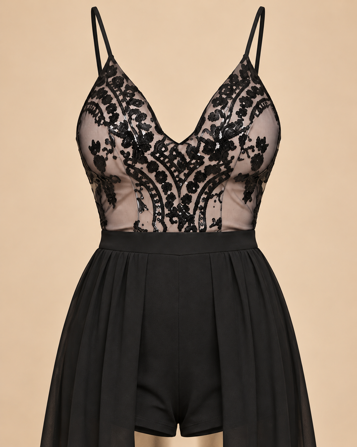 Selfie Leslie Life of the Party black sequin maxi romper, ghost mannequin detail view