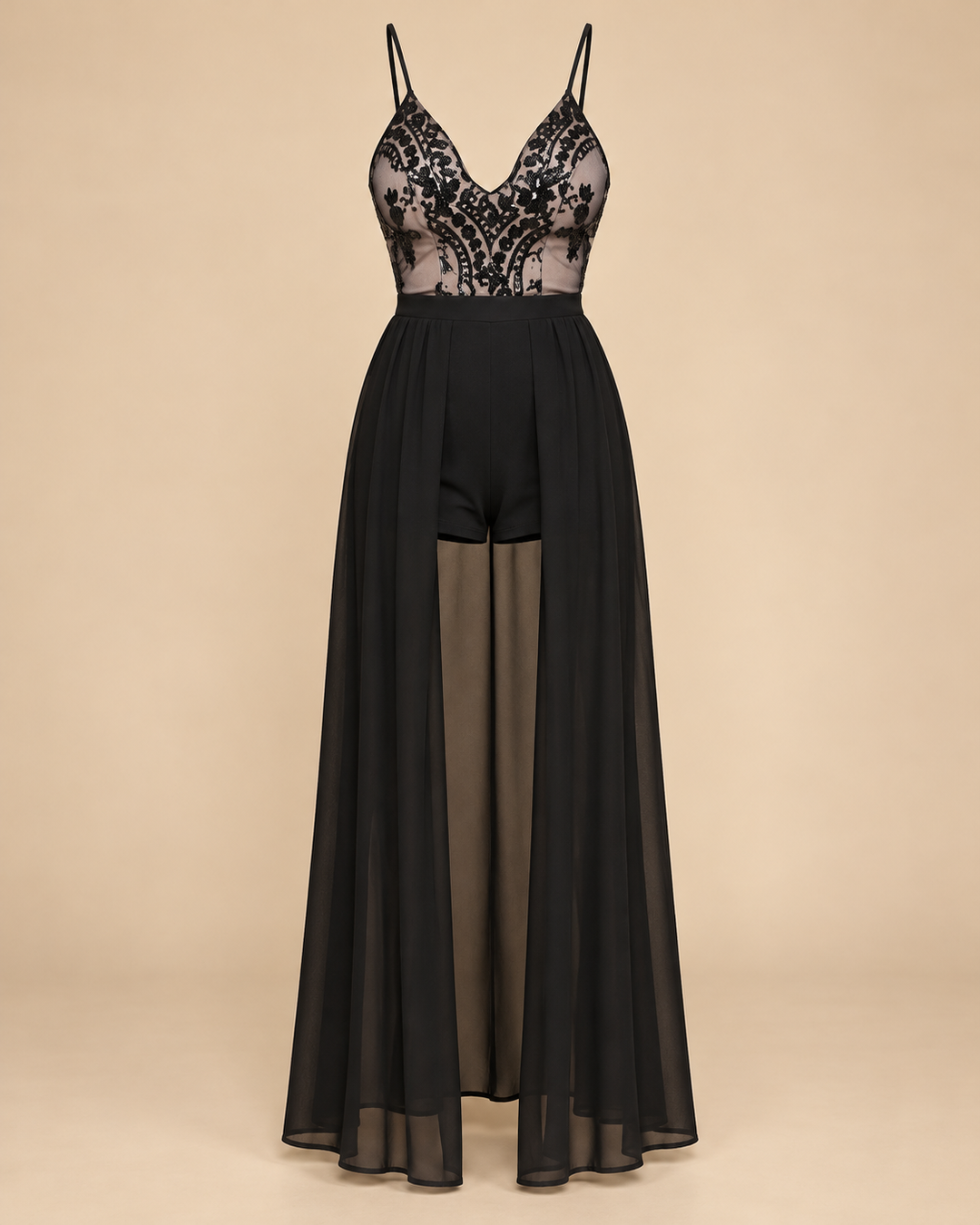 Selfie Leslie Life of the Party black sequin maxi romper, ghost mannequin front view
