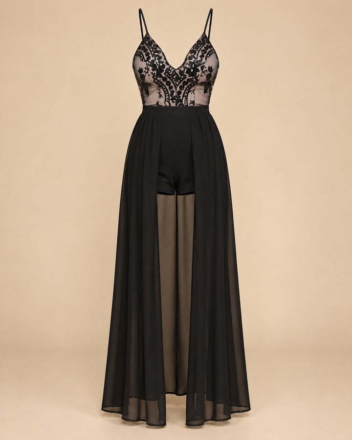 Selfie Leslie Life of the Party black sequin maxi romper, ghost mannequin front view