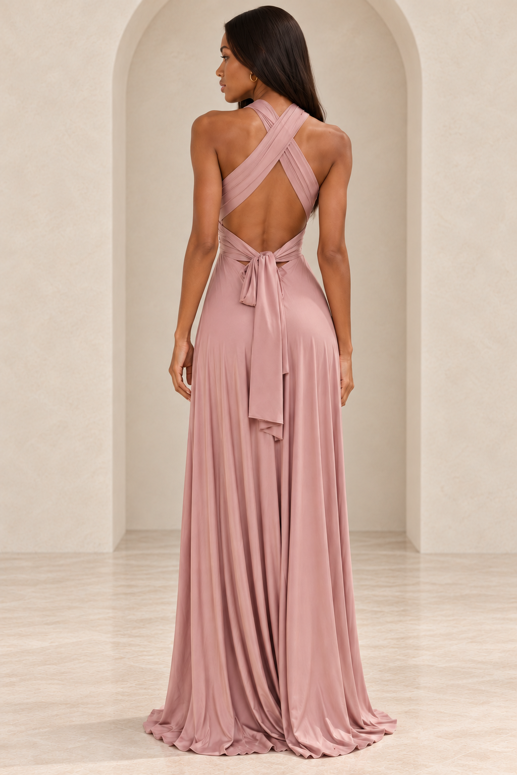 Brown Sugar dusty-mauve multi-wrap maxi dress, back view on model