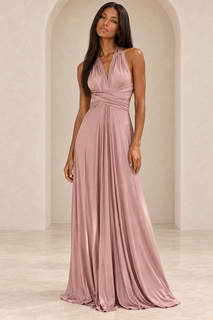 Brown Sugar dusty-mauve multi-wrap maxi dress, front view on model