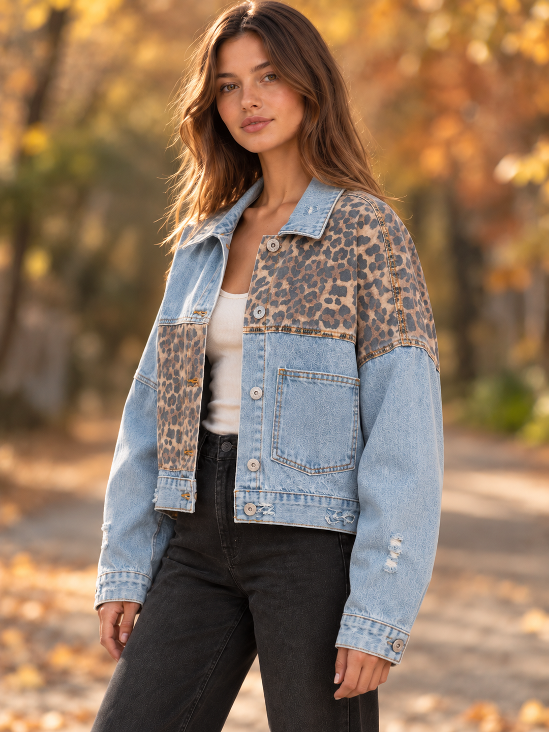 Three-quarter front view of the Off Duty leopard denim jacket in light blue denim, showing the shoulder panel and sleeve.