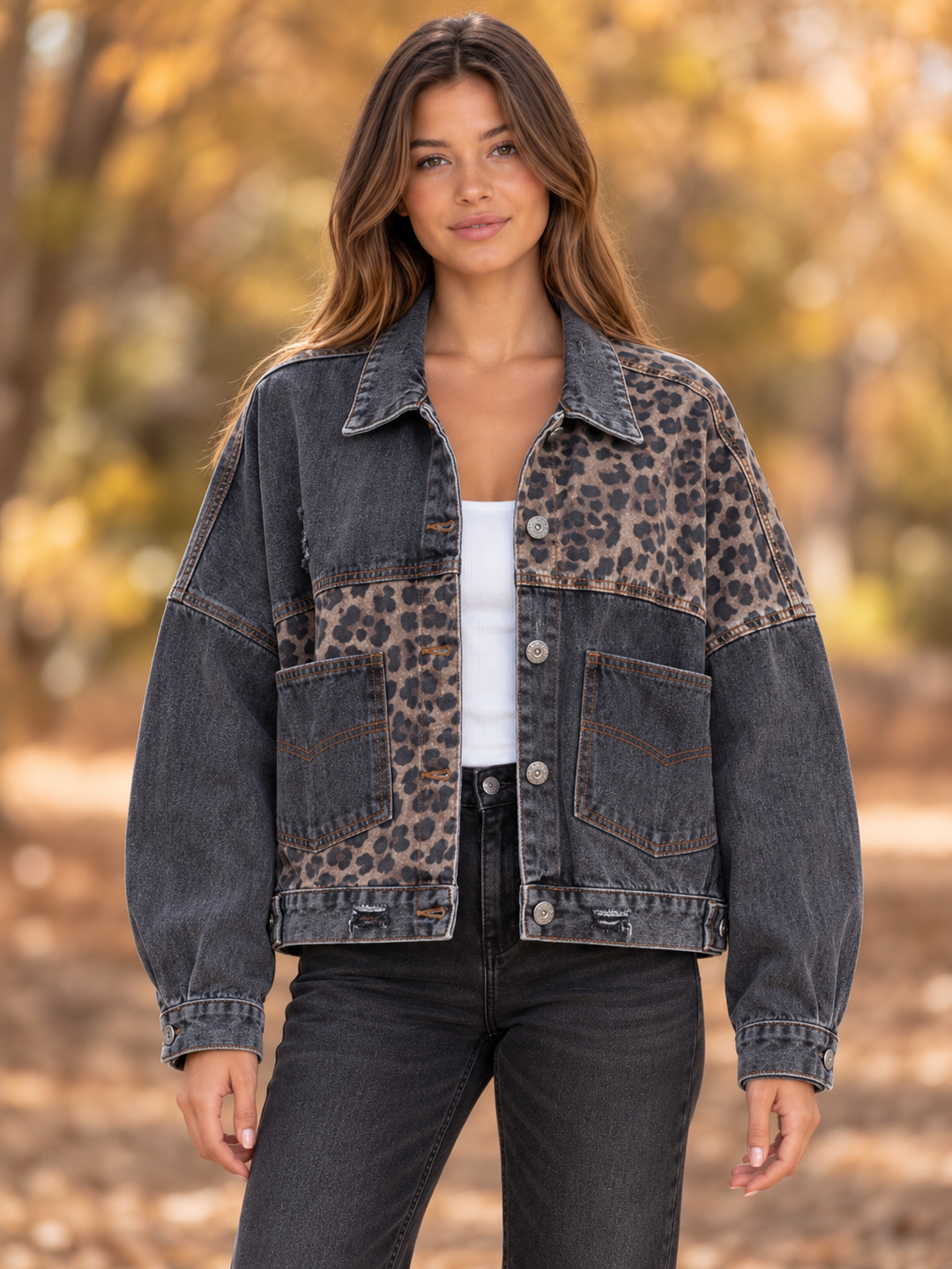 Front view of the Off Duty leopard denim jacket in vintage black, showing its asymmetric contrast panels.