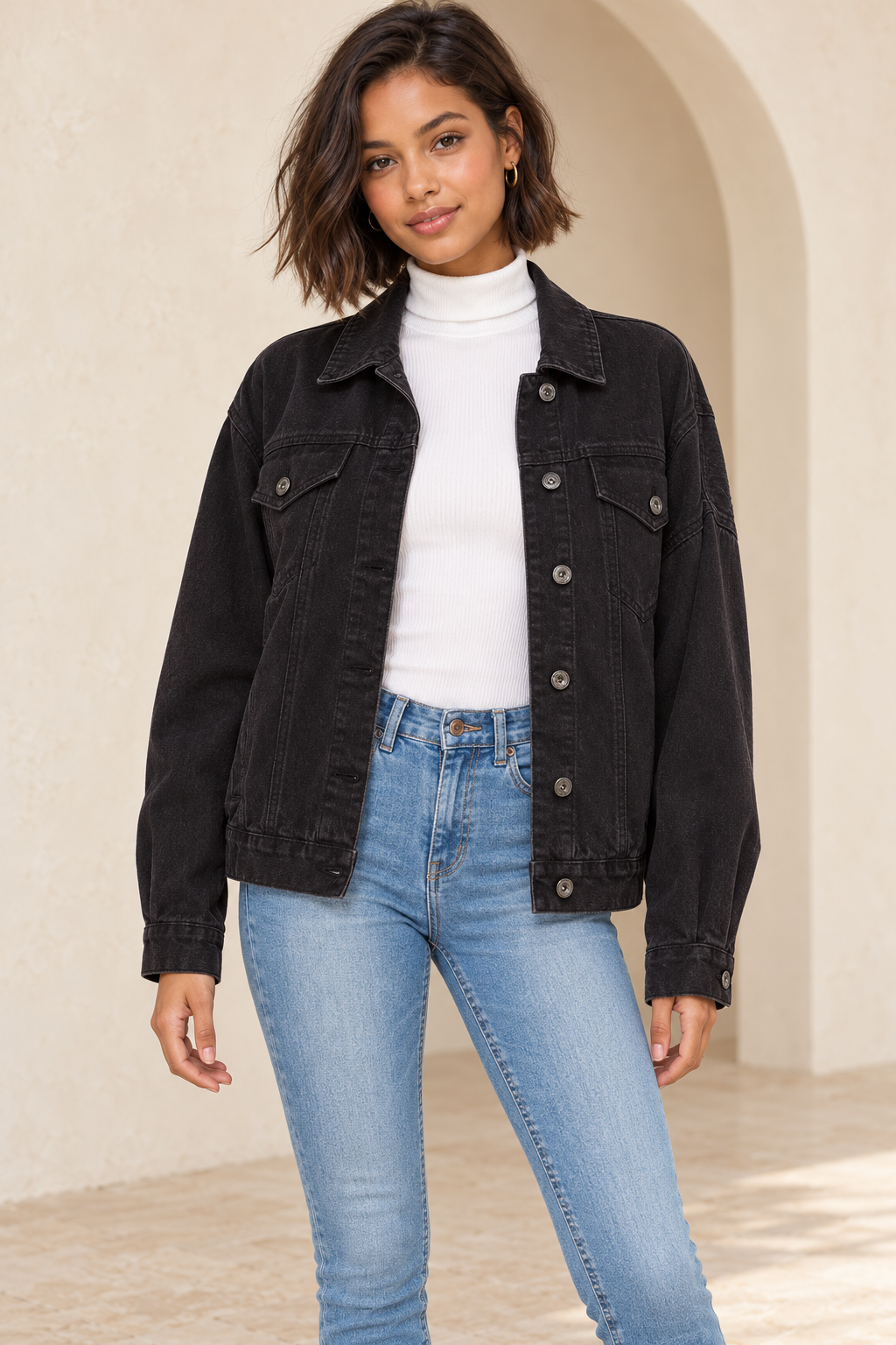 Premium Wash Cotton Denim Jacket in Black, front view showing pointed collar, metal buttons, two flap chest pockets and the complete hem over a white ribbed turtleneck and medium-blue skinny jeans.