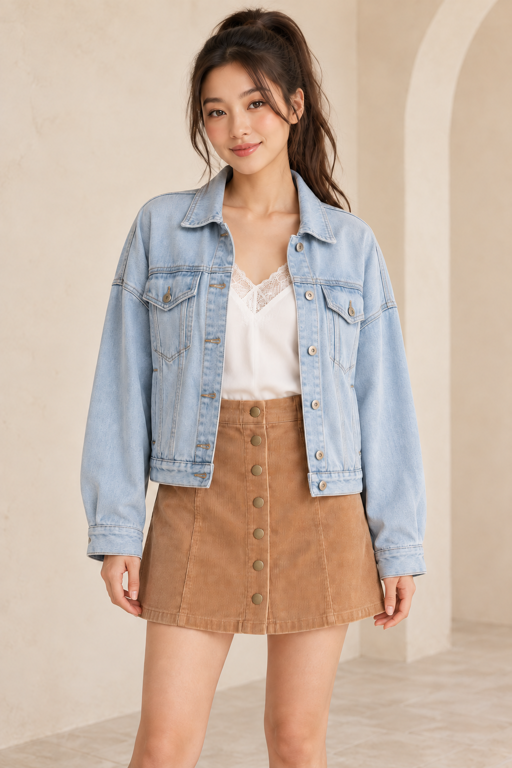 Premium Wash Cotton Denim Jacket in Denim, front close-up showing the collar, metal buttons, flap chest pockets and full hem, styled with an ivory lace camisole and camel corduroy skirt.