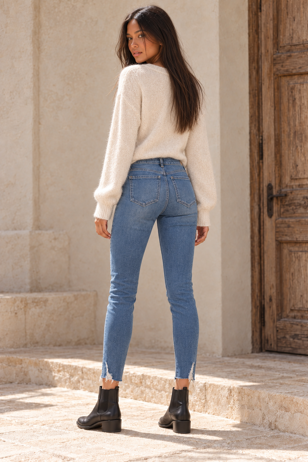 Back view of Free People Blue Shark Bite cropped skinny jeans, showing the back pockets and raw hems.