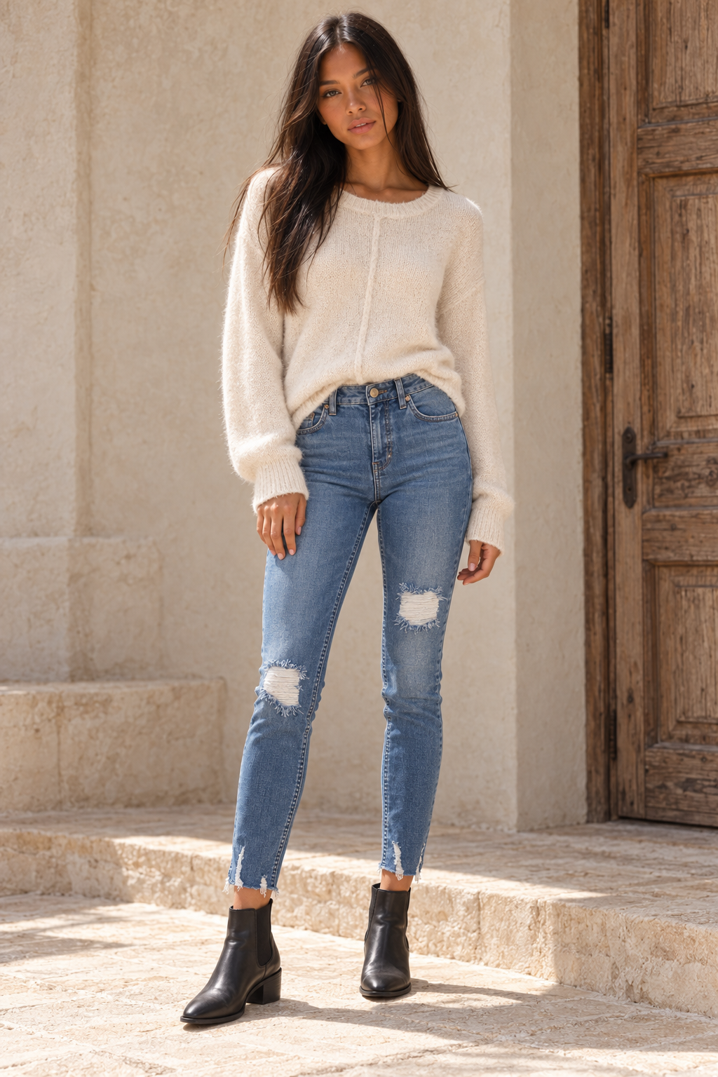 Front view of Free People Blue Shark Bite raw-hem cropped skinny jeans, styled with a cream sweater and black ankle boots.