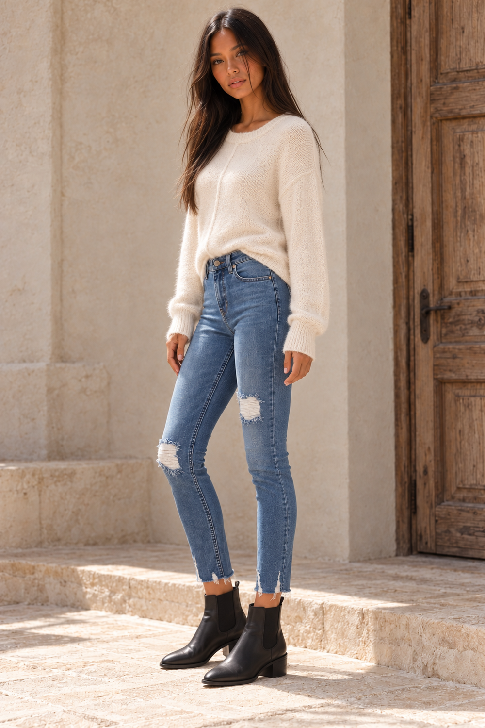 Side view of Free People Blue Shark Bite cropped skinny jeans, showing the slim fit and frayed hems.