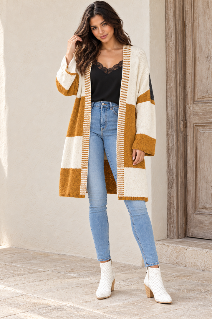 Closer view of Long-Line Open-Front Mustard Color Block Cardigan on an adult model in warm natural light.