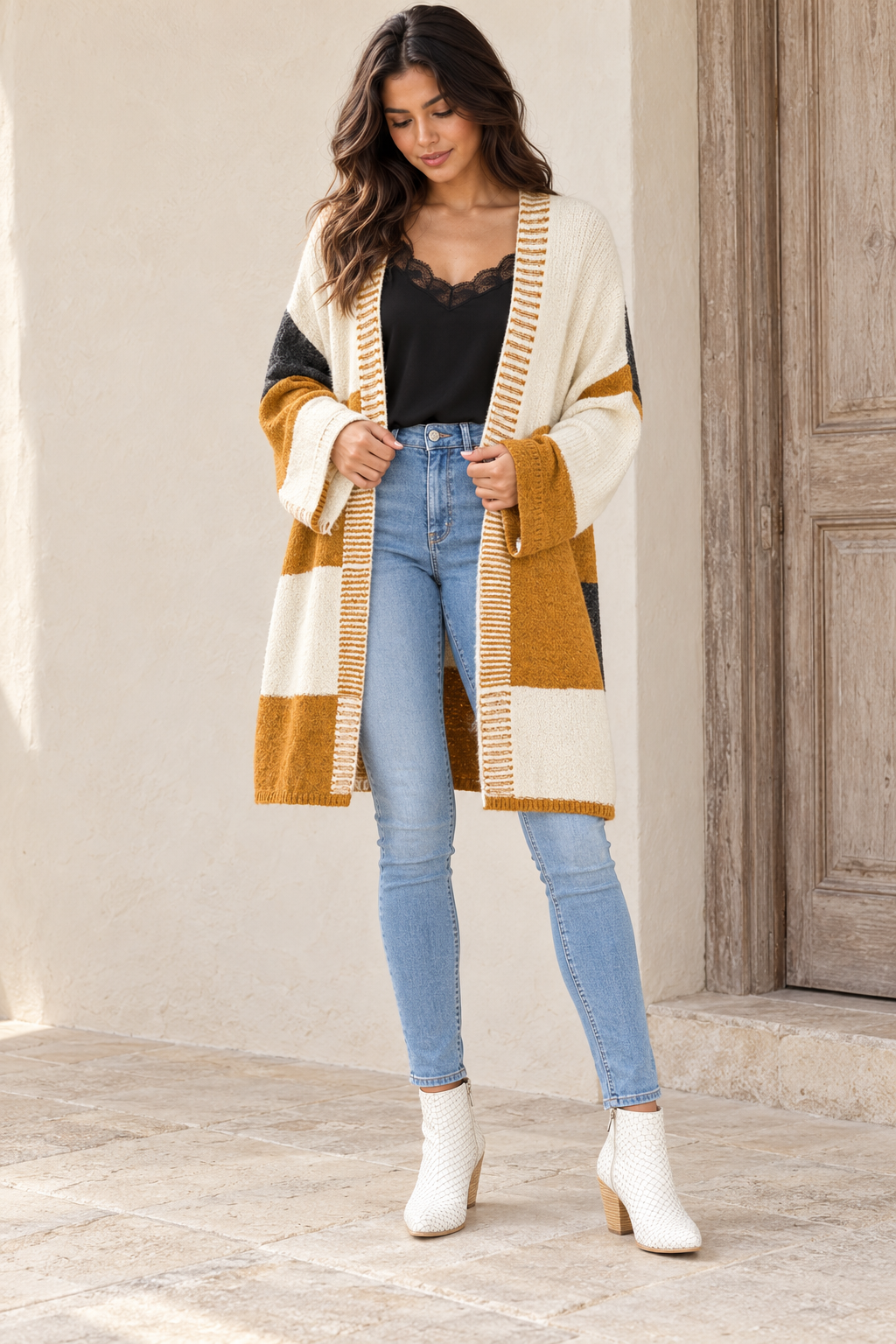 Front view of Long-Line Open-Front Mustard Color Block Cardigan on an adult model in warm natural light.
