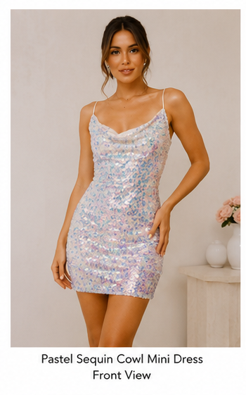 Aurora Iridescent Sequin Cowl Neck Mini Dress with Satin Bow – Off White