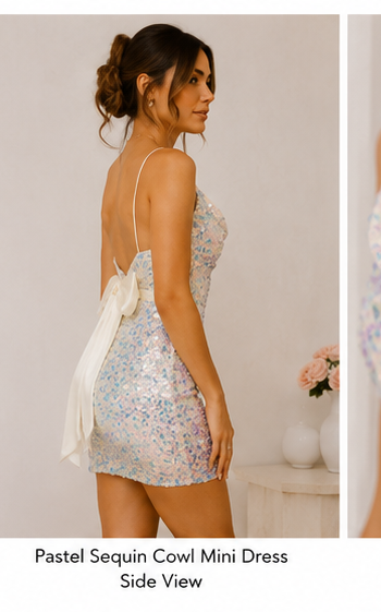 Aurora Iridescent Sequin Cowl Neck Mini Dress with Satin Bow – Off White