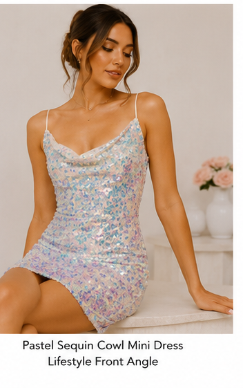 Aurora Iridescent Sequin Cowl Neck Mini Dress with Satin Bow – Off White