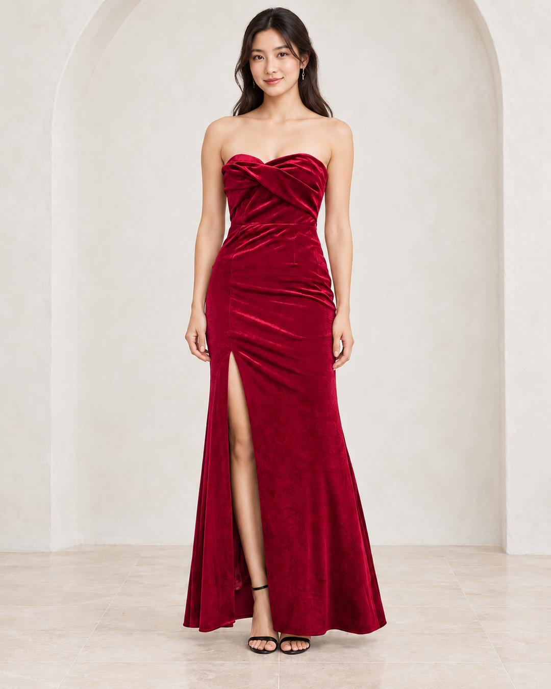 Burgundy twist-front strapless velvet maxi dress, front view showing thigh-high slit.