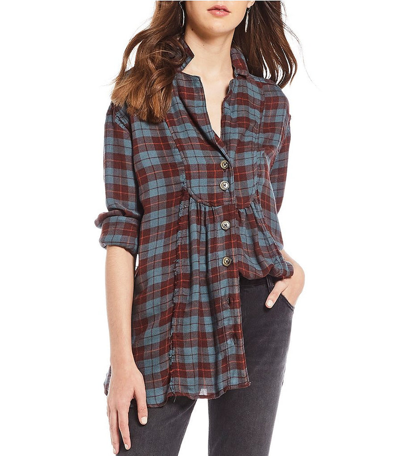 Free People - All About The Feels Plaid Button Down Top - Aubergine