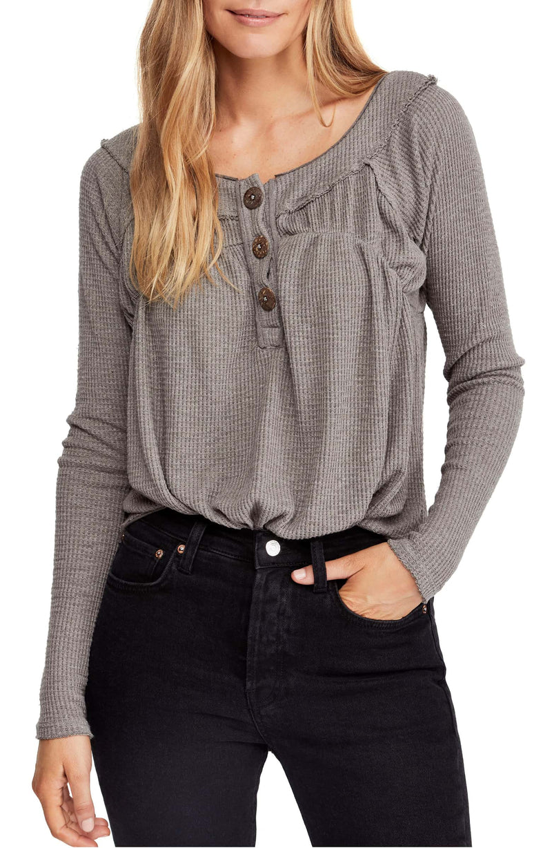Free People - Must Have Waffle-Knit Henley Tee - Black