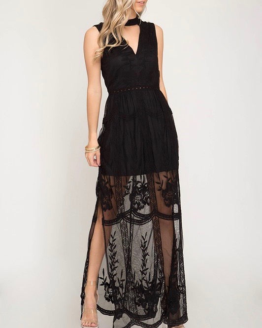 Girl Talk Sleeveless Mesh Lace Maxi Dress with Side Slit in More Colors