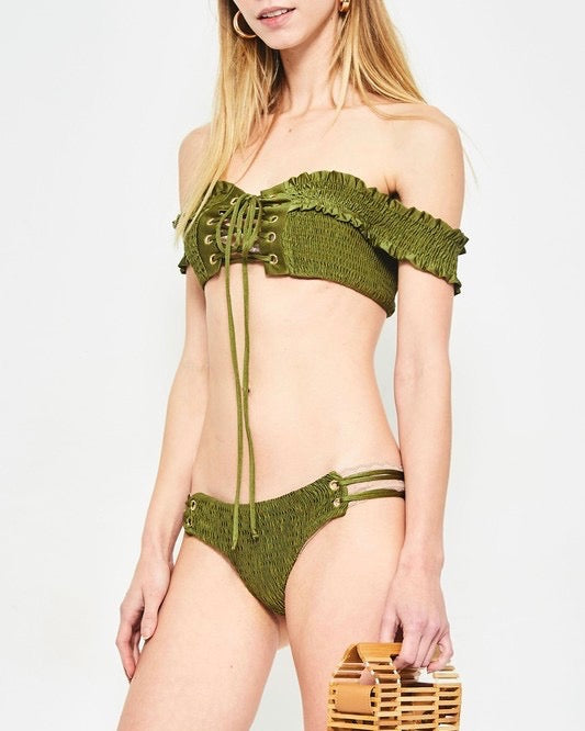 California Girl - Off-The-Shoulder Smocked Bikini Set - Olive