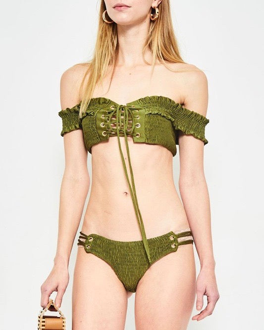 smocked off the shoulder bikini top