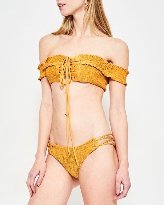 California Girl - Off The Shoulder Smocked Bikini Set - Mustard
